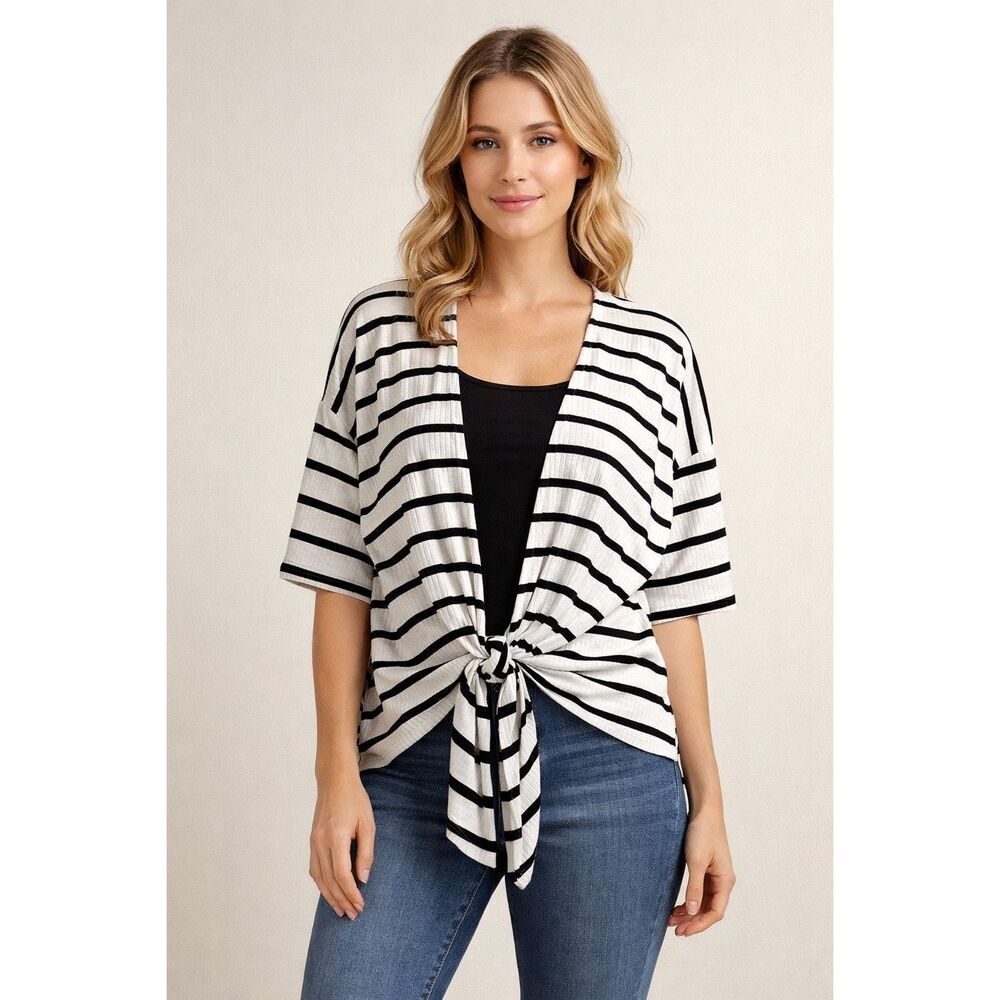 Cato Black White Striped Tie Front Cardigan Top Size S NWT - Picture 2 of 11
